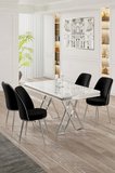 Vals Serisi 80x130 Lak Panel Beyaz Mermer Desen Masa Takımı Krom Ayaklı 4 Siyah Sandalye