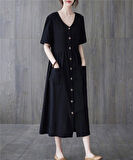 Barbora Keten Günlük Rahat V Yaka Beli Büzgü Detaylı Düğmeli Elbise LN04siyah17