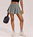 Gri Yüksek Bel Tenis Etek - DARKALIP Şort Etek - Cepli Mini Spor Etek- İçi Taytlı Çift Katman