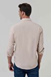 Slim Fit Bej Oxford Düğmeli Yaka Kolay Ütülenebilir Nakış Detaylı Pamuklu Gömlek 4HC02ORT03265