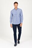 Slim Fit Lacivert Kareli Spor Gömlek | S