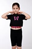 neslice Kız Çocuk Kelebek Baskılı T-Shirt SİYAH-9-10 Yaş