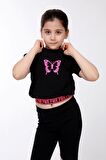 neslice Kız Çocuk Kelebek Baskılı T-Shirt SİYAH-9-10 Yaş