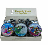 Tavus Kuşu Tasarımlı Simli Sulu Kozmetik Cep Çanta Aynası Kapaklı El Makyaj Aynası