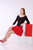neslice Kadın Puantiyeli Havuz Yaka T-shirt M-KIRMIZI-PUANTİYE