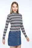 neslice Kadın Çizgili Yarım Balıkçı Uzun Kol T-shirt L-EKRU