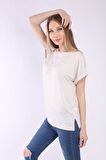 neslice Kadın Oversize Basıc Yaka Kısa Kol T-shirt L-EKRU