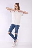 neslice Kadın Oversize Basıc Yaka Kısa Kol T-shirt M-EKRU