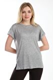 neslice Kadın Oversize Basıc Yaka Kısa Kol T-shirt L-GRİ