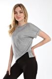 neslice Kadın Oversize Basıc Yaka Kısa Kol T-shirt S-GRİ