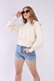 neslice Kadın Kapüşonlu Crop Spor Sweatshirt L-ECRU