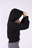 neslice Kadın Kapüşonlu Crop Spor Sweatshirt S-SİYAH