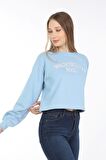 neslice Kadın Crop Havlu Nakışlı Sweat  L-MAVİ