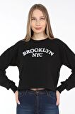 neslice Kadın Crop Havlu Nakışlı Sweat  M-SİYAH