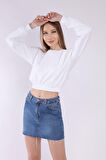 neslice Kadın Crop Basic Sweatshirt S-BEYAZ