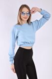 neslice Kadın Crop Basic Sweatshirt L-MAVİ