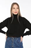 neslice Kadın Yaka ve Kollar Trikolu Tam Balıkçı Yaka Crop Sweat M-SİYAH