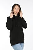 neslice Kadın Kapüşonlu Uzun Sweatshirt L-SİYAH