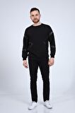 neslice Erkek Deri ve Kapitone Detaylı Slim Fit Sweatshirt XL-SİYAH