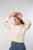 neslice Kadın Çizgili Kapüşonlu Crop Spor Sweatshirt S-ECRU-BEJ
