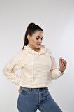 neslice Kadın Çizgili Kapüşonlu Crop Spor Sweatshirt S-ECRU-BEJ