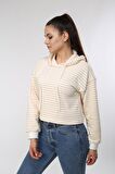 neslice Kadın Çizgili Kapüşonlu Crop Spor Sweatshirt S-ECRU-BEJ