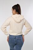 neslice Kadın Çizgili Kapüşonlu Crop Spor Sweatshirt S-ECRU-BEJ