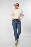 neslice Kadın Çizgili Kapüşonlu Crop Spor Sweatshirt S-ECRU-BEJ