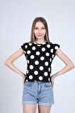 neslice Kadın Puantiyeli Vatkalı T-shirt M-BEYAZ PUANTİYELİ