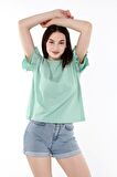 neslice Kadın Omuzdan Fırfırlı  T-shirt M-YESIL