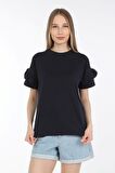 neslice Kadın Omuzdan Fırfırlı  T-shirt M-LACİVERT