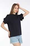 neslice Kadın Omuzdan Fırfırlı  T-shirt M-LACİVERT