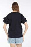 neslice Kadın Omuzdan Fırfırlı  T-shirt M-LACİVERT