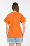 neslice Kadın Omuzdan Fırfırlı  T-shirt L-TURUNCU