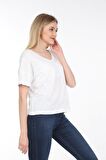 neslice Kadın Oversize Çift Taraf V Yaka T-Shirt L-BEYAZ