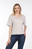 neslice Kadın Oversize Çift Taraf V Yaka T-Shirt M-EKRU