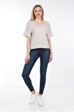 neslice Kadın Oversize Çift Taraf V Yaka T-Shirt M-EKRU
