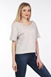 neslice Kadın Oversize Çift Taraf V Yaka T-Shirt M-EKRU