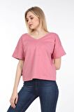 neslice Kadın Oversize Çift Taraf V Yaka T-Shirt L-PEMBE