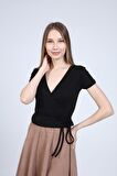 neslice Kadın Bağlamalı Kruvaze T-Shirt L-SİYAH