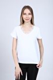 neslice Kadın Yakası Dantel Detaylı T-Shirt L-BEYAZ