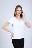 neslice Kadın Yakası Dantel Detaylı T-Shirt L-BEYAZ