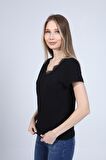 neslice Kadın Yakası Dantel Detaylı T-Shirt S-SİYAH