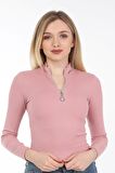 neslice Kadın Fermuarlı Yarım Balıkçı T-Shirt S-GÜL KURUSU
