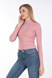 neslice Kadın Fermuarlı Yarım Balıkçı T-Shirt S-GÜL KURUSU
