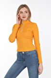 neslice Kadın Fermuarlı Yarım Balıkçı T-Shirt S-HARDAL