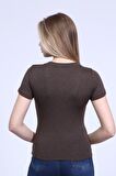 neslice Kadın V Yaka T-Shirt M-KAHVERENGİ