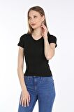 neslice Kadın V Yaka T-Shirt XS-SİYAH