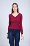 neslice Kadın Çıtçıt Detaylı Uzun Kol T-Shirt M-MÜRDÜM