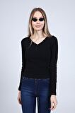 neslice Kadın Çıtçıt Detaylı Uzun Kol T-Shirt S-SİYAH